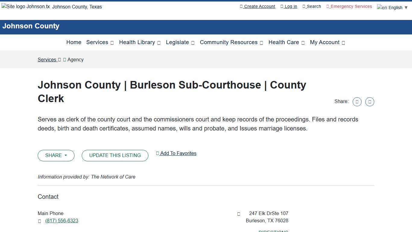 Johnson County Burleson Sub-Courthouse County Clerk - Network of Care Service Directory